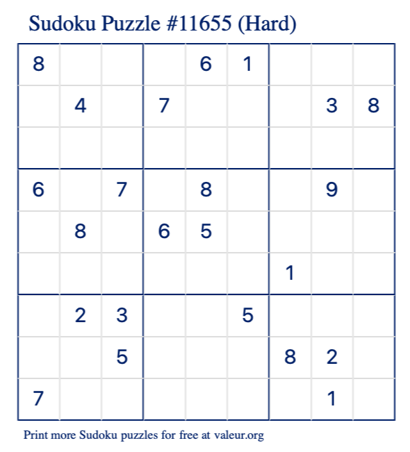 Free Printable Hard Sudoku Puzzle number 11655