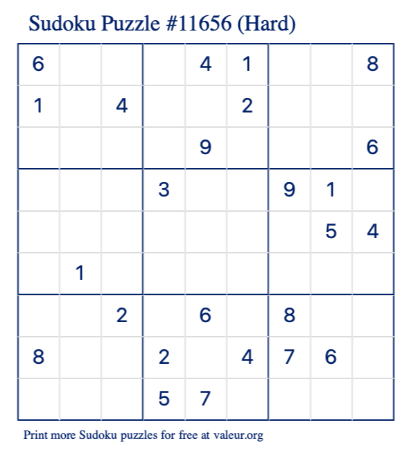 Free Printable Hard Sudoku Puzzle number 11656