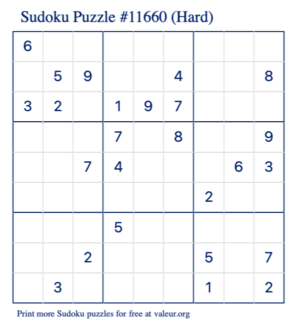 Free Printable Hard Sudoku Puzzle number 11660