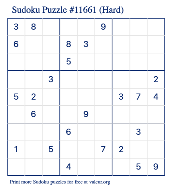 Free Printable Hard Sudoku Puzzle number 11661