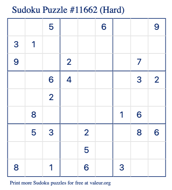 Free Printable Hard Sudoku Puzzle number 11662