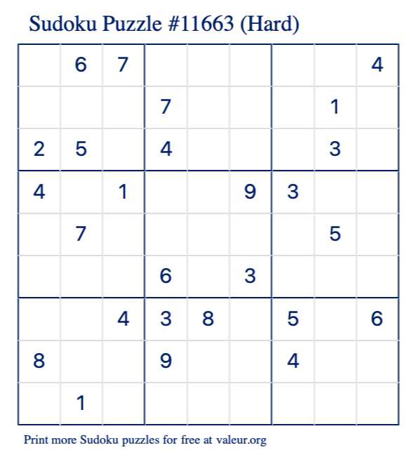 Free Printable Hard Sudoku Puzzle number 11663
