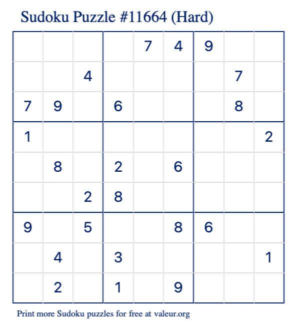 Free Printable Hard Sudoku Puzzle number 11664