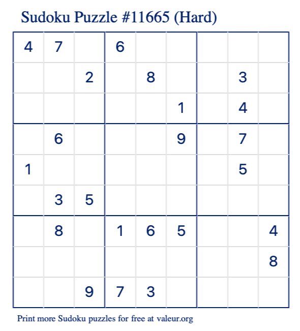 Free Printable Hard Sudoku Puzzle number 11665