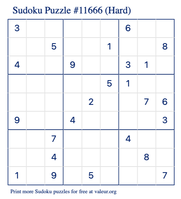 Free Printable Hard Sudoku Puzzle number 11666