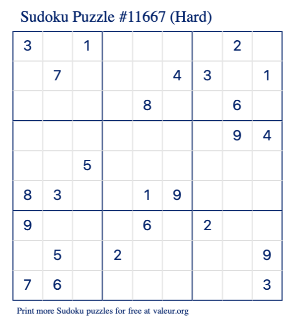 Free Printable Hard Sudoku Puzzle number 11667