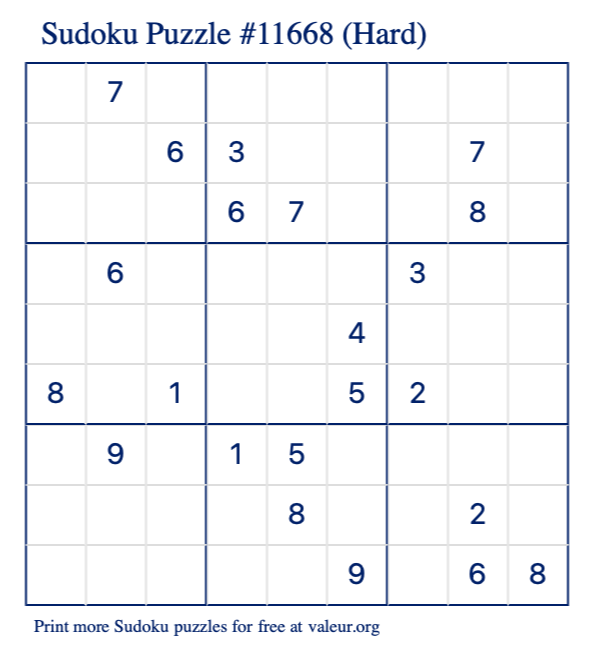 Free Printable Hard Sudoku Puzzle number 11668