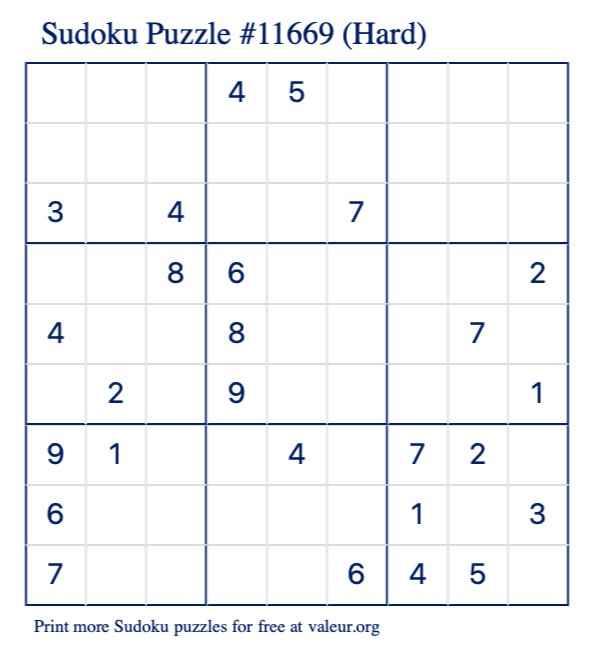 Free Printable Hard Sudoku Puzzle number 11669