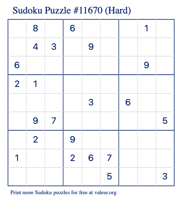 Free Printable Hard Sudoku Puzzle number 11670