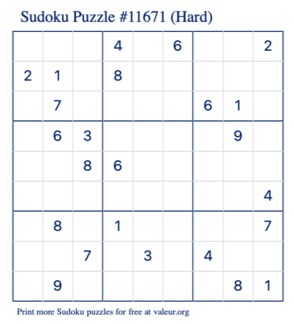 Free Printable Hard Sudoku Puzzle number 11671