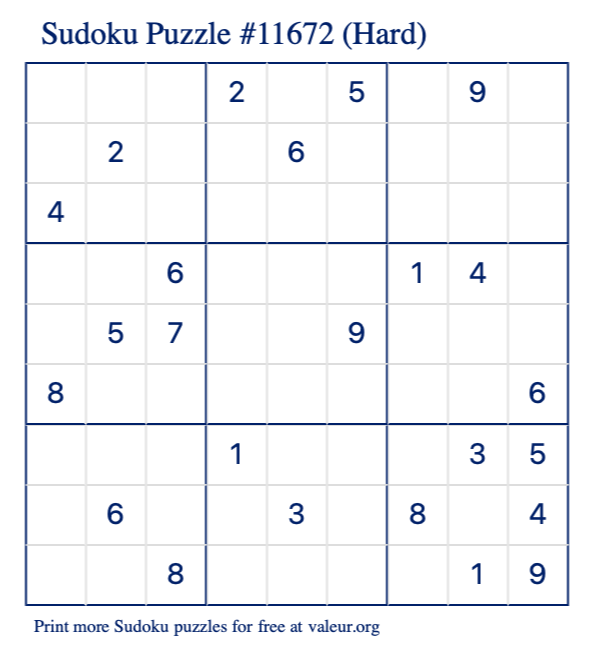Free Printable Hard Sudoku Puzzle number 11672