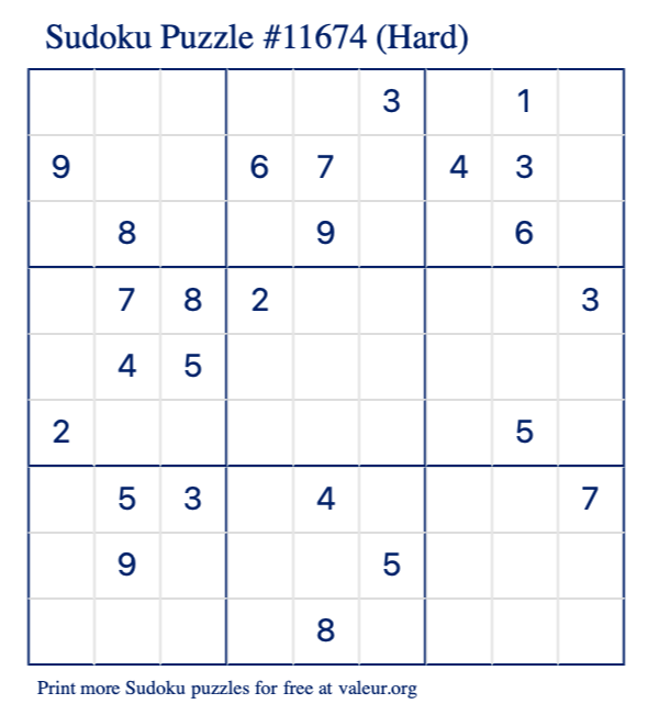 Free Printable Hard Sudoku Puzzle number 11674