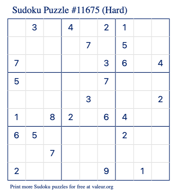 Free Printable Hard Sudoku Puzzle number 11675