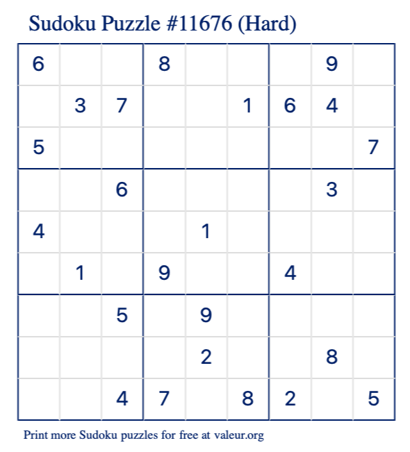 Free Printable Hard Sudoku Puzzle number 11676