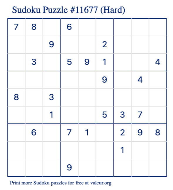Free Printable Hard Sudoku Puzzle number 11677