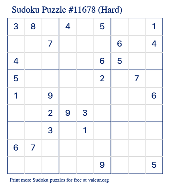 Free Printable Hard Sudoku Puzzle number 11678