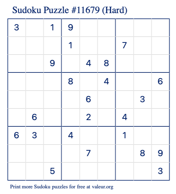 Free Printable Hard Sudoku Puzzle number 11679
