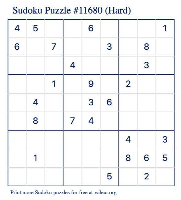 Free Printable Hard Sudoku Puzzle number 11680
