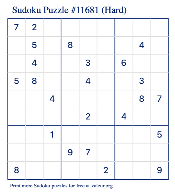 Free Printable Hard Sudoku Puzzle number 11681