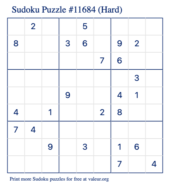 Free Printable Hard Sudoku Puzzle number 11684
