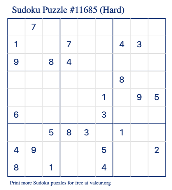 Free Printable Hard Sudoku Puzzle number 11685