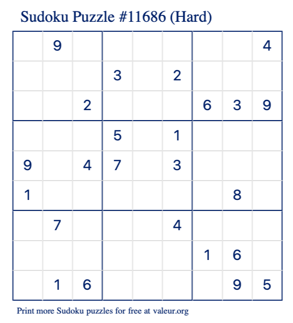 Free Printable Hard Sudoku Puzzle number 11686