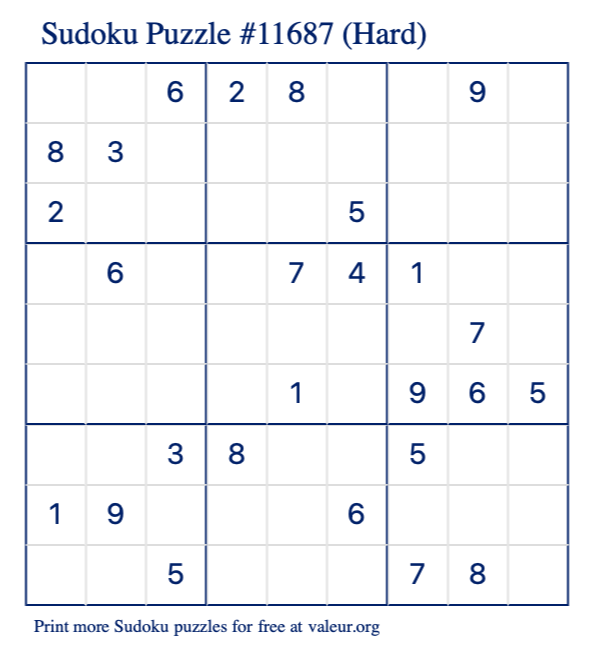 Free Printable Hard Sudoku Puzzle number 11687