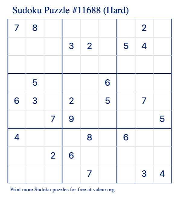 Free Printable Hard Sudoku Puzzle number 11688