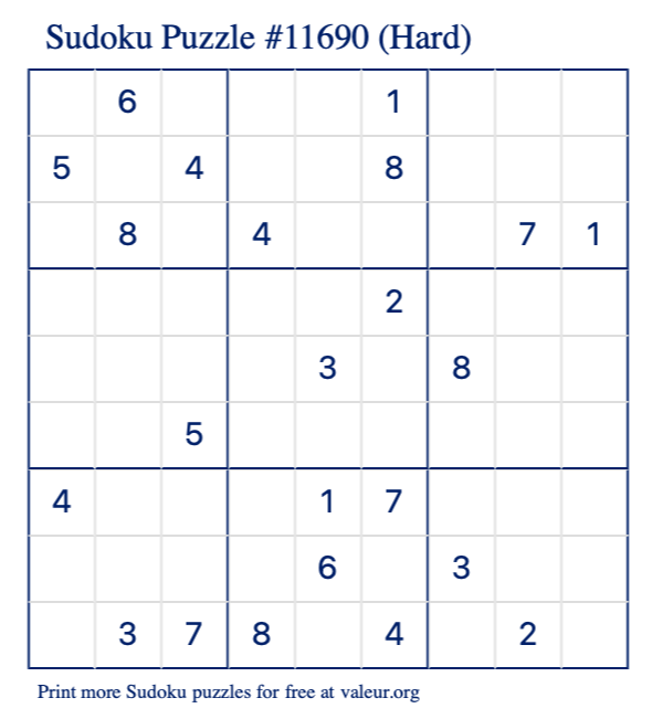 Free Printable Hard Sudoku Puzzle number 11690