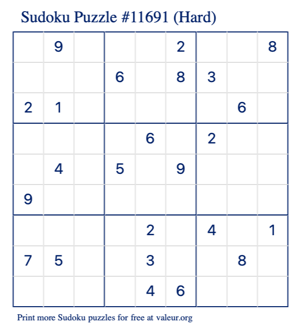 Free Printable Hard Sudoku Puzzle number 11691
