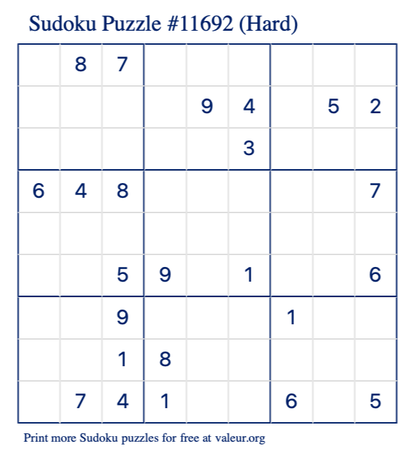 Free Printable Hard Sudoku Puzzle number 11692