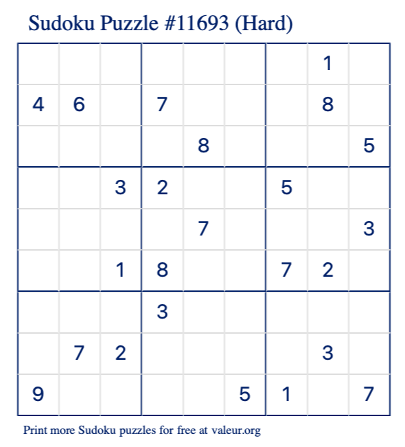 Free Printable Hard Sudoku Puzzle number 11693