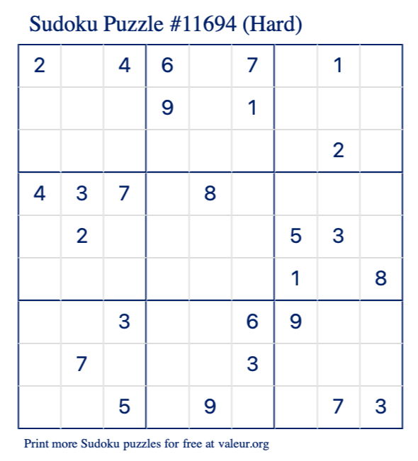 Free Printable Hard Sudoku Puzzle number 11694