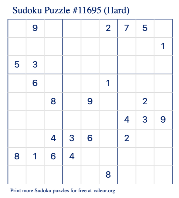 Free Printable Hard Sudoku Puzzle number 11695