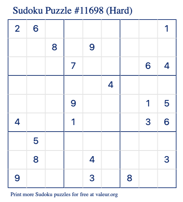 Free Printable Hard Sudoku Puzzle number 11698