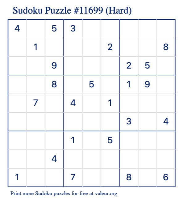 Free Printable Hard Sudoku Puzzle number 11699