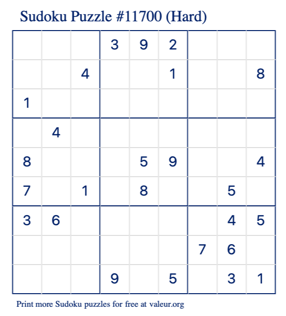 Free Printable Hard Sudoku Puzzle number 11700