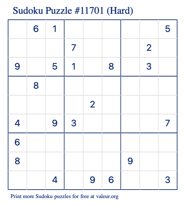Free Printable Hard Sudoku Puzzle number 11701