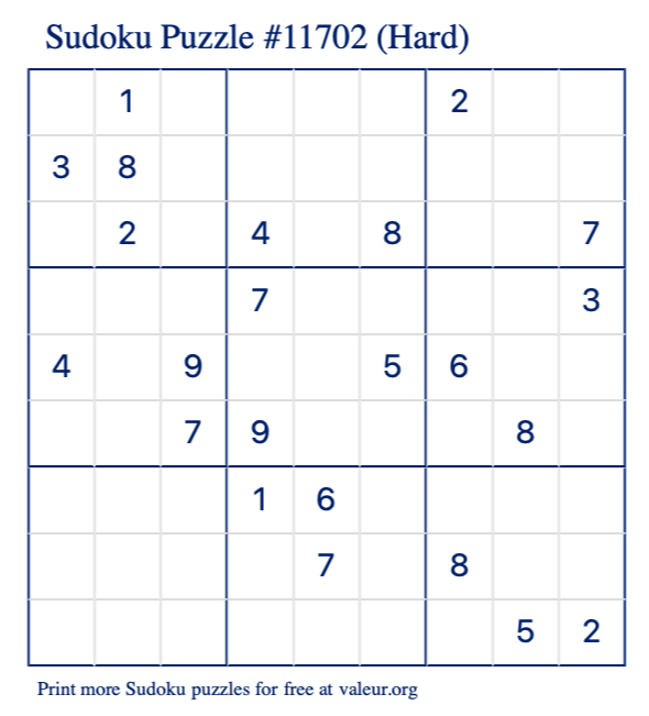 Free Printable Hard Sudoku Puzzle number 11702