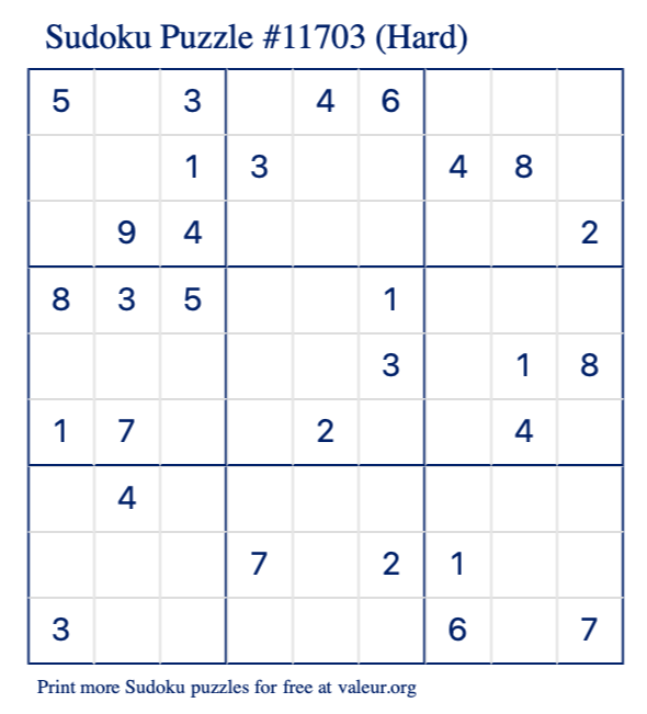 Free Printable Hard Sudoku Puzzle number 11703