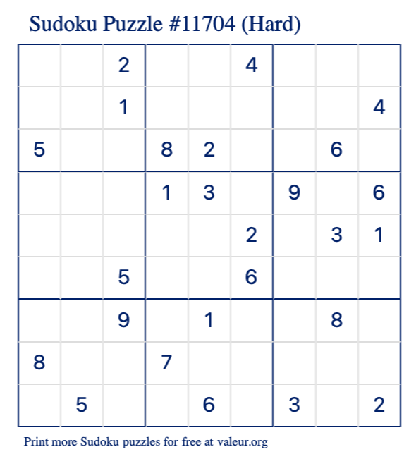 Free Printable Hard Sudoku Puzzle number 11704