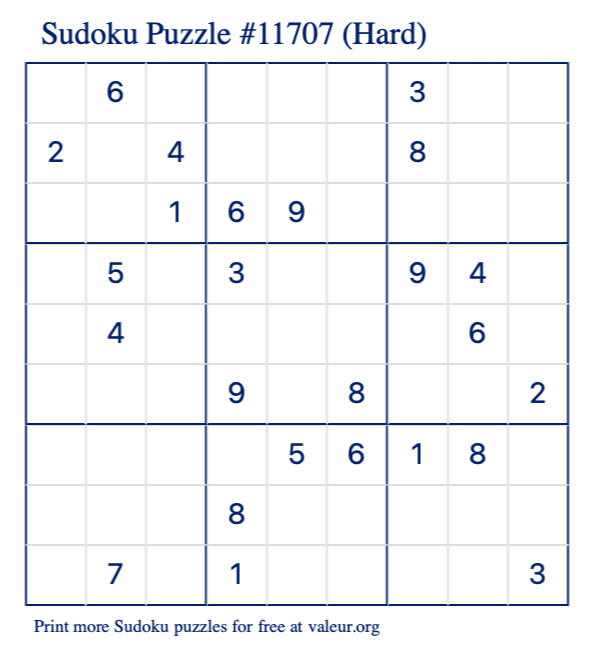 Free Printable Hard Sudoku Puzzle number 11707