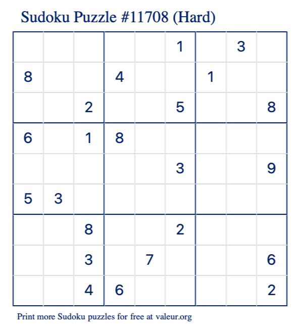 Free Printable Hard Sudoku Puzzle number 11708