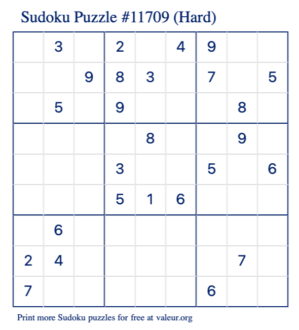 Free Printable Hard Sudoku Puzzle number 11709