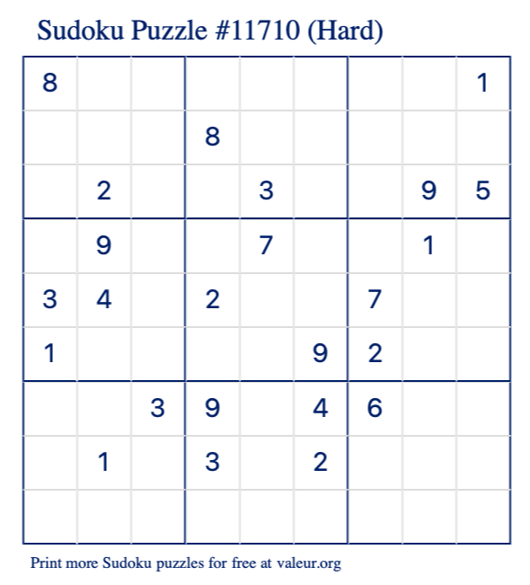 Free Printable Hard Sudoku Puzzle number 11710