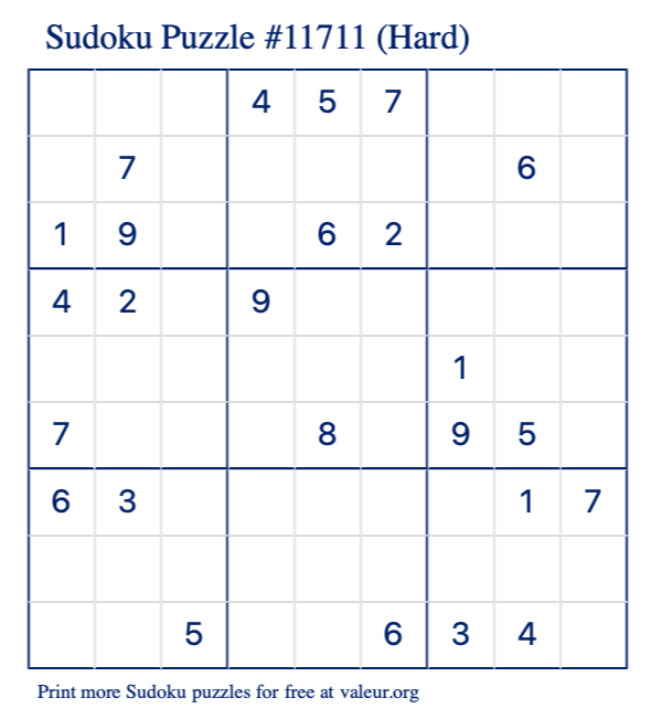 Free Printable Hard Sudoku Puzzle number 11711