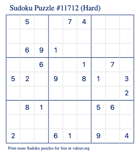Free Printable Hard Sudoku Puzzle number 11712