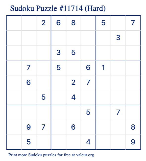 Free Printable Hard Sudoku Puzzle number 11714