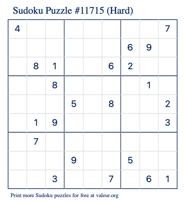Free Printable Hard Sudoku Puzzle number 11715