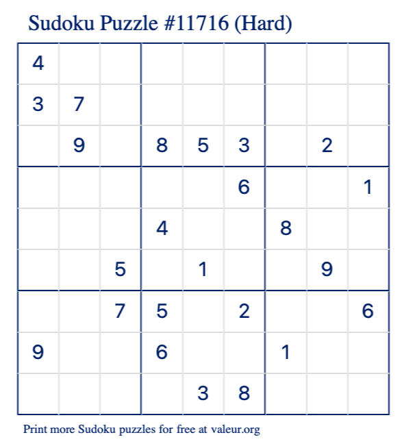 Free Printable Hard Sudoku Puzzle number 11716